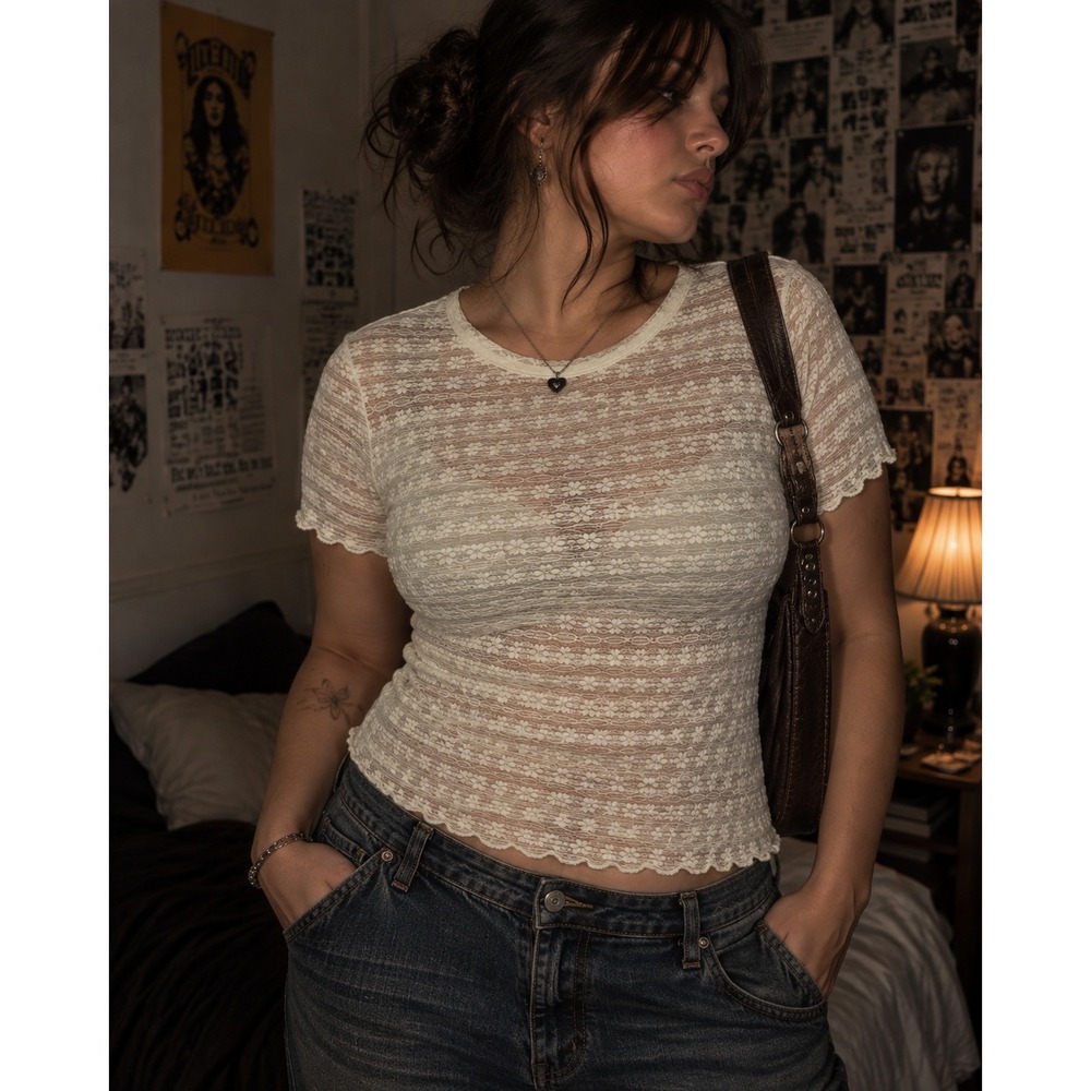 Y2K Cream Sheer Floral Lace Baby Tee Short Sleeve Fairy Grunge Top XXXL 21 Sheer